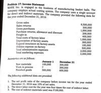 Problem 17: Income Statement
MARK Inc. is engaged in the business of manufacturing basket balls. The
company employs actual costing system. The company uses a single account
for direct and indirect materials. The company provided the following data for
the year ended December 31, 2016:
Gross sales
Sales returns
Gross purchases
Purchase returns, allowance and discount
Freight in
Total costs of factory labor
Depreciation of factory assets
Expired insurance on factory assets
Utilities expense on factory
Total administrative expenses
Total marketing expenses
9,500,000
500,000
1,000,000
200,000
400,000
1,000,000
300,000
100,000
500,000
2,000,000
3,000,000
Inventories are as follows:
January 1
100,000
?
December 31
Raw materials
Work in process
Finished goods
300,000
200,000
600,000
500,000
The following additional data are provided:
1. The net profit ratio of the company before income tax for the year ended
December 31, 2016 was 10% of net sales.
2. The direct labor cost for the year was four times the cost of indirect labor.
3. The cost of indirect materials used was P100,000.
