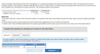 Vista Company manufactures electronic equipment. It currently purchases the special switches used in each of its products from an
outside supplier. The supplier charges Vista $6.50 per switch. Vista's CEO is considering purchasing either machine A or machine B so
the company can manufacture its own switches. The projected data are as follows:
Annual fixed costs
Variable cost per switch
Required:
Machine A
Machine B
$ 812,150
$ 1,112,775
2.11
0.95
1. For each machine, what is the minimum number of switches that Vista must make annually for total costs to equal outside purchase
cost?
2. What volume level would produce the same total costs regardless of the machine purchased?
3. What is the most profitable alternative for producing 260,000 switches per year and what is the total cost of that alternative?
Complete this question by entering your answers in the tabs below.
Required 1
Required 2
Required 3
For each machine, what is the minimum number of switches that Vista must make annually for total costs to equal outside
purchase cost? (Do not round intermediate calculations.)
Minimum number of switches
Machine A
Machine B
<Required 1
Required 2 >