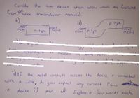 Consider the
two devices shaun below which are fabricated
from the
semiconductor material.
same
i)
ii)
p-type
metal
n-tmpe
Metal
metel n-pe
metal
than
ncident
on
b) if the metal contects
across the device is connected
with
a wire, do
you expect
current flow hE
any
ii).
in
device i)
and
Explain in te werds each.
