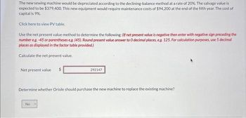 The new sewing machine would be depreciated according to the declining-balance method at a rate of 20%. The salvage value is
expected to be $379,400. This new equipment would require maintenance costs of $94,200 at the end of the fifth year. The cost of
capital is 9%.
Click here to view PV table.
Use the net present value method to determine the following: (If net present value is negative then enter with negative sign preceding the
number e.g. -45 or parentheses e.g. (45). Round present value answer to 0 decimal places, e.g. 125. For calculation purposes, use 5 decimal
places as displayed in the factor table provided.)
Calculate the net present value.
Net present value $
292147
Determine whether Oriole should purchase the new machine to replace the existing machine?
No