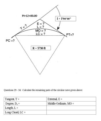 PC =?
PI=12+00.00
T = ?
E = ?
L = ?
Tangent, T =
Degree, Da=
Length, L =
Long Chord, LC =
MO = ?
LC = ?
R = 5730 ft
I = 1°00'00"
PT=?
Questions 29-34: Calculate the remaining parts of the circular curve given above:
External, E =
Middle Ordinate, MO
=