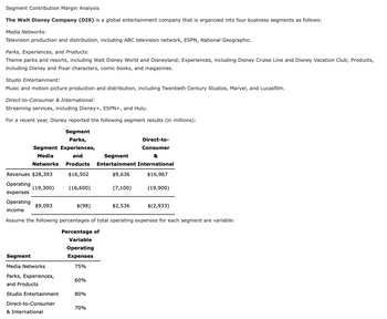 Segment Contribution Margin Analysis
The Walt Disney Company (DIS) is a global entertainment company that is organized into four business segments as follows:
Media Networks:
Television production and distribution, including ABC television network, ESPN, National Geographic.
Parks, Experiences, and Products:
Theme parks and resorts, including Walt Disney World and Disneyland; Experiences, including Disney Cruise Line and Disney Vacation Club; Products,
including Disney and Pixar characters, comic books, and magazines.
Studio Entertainment:
Music and motion picture production and distribution, including Twentieth Century Studios, Marvel, and Lucasfilm.
Direct-to-Consumer & International:
Streaming services, including Disney+, ESPN+, and Hulu.
For a recent year, Disney reported the following segment results (in millions):
Segment
Parks,
Segment Experiences,
Media
and
Networks
Revenues $28,393
Operating
expenses
(19,300)
Operating
income
Assume the following percentages of total operating expenses for each segment are variable:
$9,093
Direct-to-
Consumer
Segment
&
Products Entertainment International
$16,502
$9,636
$16,967
(16,600)
(7,100)
(19,900)
Segment
Media Networks
Parks, Experiences,
and Products
Studio Entertainment
Direct-to-Consumer
& International
$(98)
Percentage of
Variable
Operating
Expenses
75%
60%
80%
70%
$2,536
$(2,933)