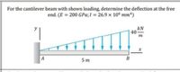 For the cantilever beam with shown loading, determine the deflection at the free
end. (E = 200 GPa;1 = 26.9 x 104 mm*)
kN
40
A
B
5 m
