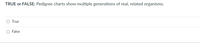 TRUE or FALSE: Pedigree charts show multiple generations of real, related organisms.
O True
O False
