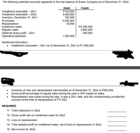 The following selected accounts appeared in the trial balance of Susan Company as of December 31, 20x2:
Debit
P150,000
2,000,000
700,000
5,550,000
30,000
Credit
Installment receivable – 20x1
Installment receivable – 20x2
Inventory, December 31, 20x1
Purchases
Repossession
Installment sales
Regular sales
Deferred gross profit – 20x1
Operating expenses
P4,250,000
3,850,000
540,000
1,250,000
Additional information:
Installment receivable – 20x1 as of December 31, 20x1 is P1,200,000.
Inventory of new and repossessed merchandise as of December 31, 20x2 is P950,000.
Gross profit percentage of regular sales during the year is 30% based on sales.
Repossession was made during the year. It was a 20x1 sale, and the corresponding uncollected
account at the time of repossession is P77,500.
REQUIRED:
11. Total collections in 20x2
12. Gross profit rate on installment sales for 20x2
13. Loss on repossession
14. Total realized profit on installment sales, net of loss on repossession in 20x2
15. Net income for 20x2
