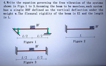 4. Write the equation governing the free vibration of the systems
shown in Figs. 1 to 3. Assuming the beam to be massless, each system
has a single DOF defined as the vertical deflection under the
weight w. The flexural rigidity of the beam is EI and the length
is L.
L/2
W
Figure 1
L/2
L/2
W
Figure 3
L/2
L
Figure 2
PW