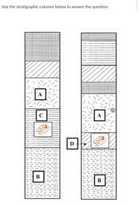 Use the stratigraphic columns below to answer the question.
A
C
A
D
B
В

