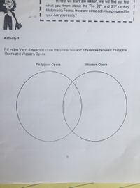 Before we start the lesson, we will find out first
what you know about the The 20th and 21st century I
Multimedia Forms. Here are some activities prepared for
you. Are you ready?
Activity 1
Fill in the Venn diagram to show the similarities and differences between Philippine
Opera and Western Opera.
Philippine Opera
Western Opera
