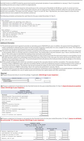 Fairchild Centre is an NFPO funded by government grants and private donations. It was established on January 1, Year 5, to provide
counselling services and a drop-in centre for single parents.
On January 1, Year 5, the centre leased an old warehouse in the central part of Smallville for $1,300 per month. It carried out minor
renovations in the warehouse to create a large open area for use as a play area for children and three offices for use by the executive
director and counsellors. The lease runs from January 1, Year 5, to June 30, Year 7. By that time, the centre hopes to move into new
quarters that are more suitable for the activities carried out.
The following schedule summarizes the cash flows for the year ended December 31, Year 5:
Cash inflows:
Government grant for operating costs (Note 1)
Donations from individuals with no restrictions
Donations from individuals for rent of warehouse for 2½ years
Donations from individuals for purchase of land (Note 3)
$ 39,000
47,000
39,000
45,240
170,240
Cash outflows:
Renovations of warehouse
Salary of executive director (Note 4)
Fees paid to counsellors (Note 4)
Rent paid for 2½ years
Other operating expenses
Cash, end of year
Additional Information
36,000
19,800
18,000
39,000
19,500
132,300
$ 37,940
1. The provincial government agreed to provide an operating grant of $39,000 per year. In addition, the government has pledged to
match contributions collected by the centre for the purchase of land for construction of a new complex for the centre. The maximum
contribution by the government toward the purchase of land is $78,000.
2. The centre has signed an agreement to purchase a property in the downtown area of Smallville for $175,500. There is an old house
on the property, which is currently used as a rooming house. The closing date is any time between July 1, Year 6, and December 31,
Year 6. The centre plans to demolish the existing house and build a new complex.
3. The centre has recently commenced a fundraising program to raise funds to purchase the land and construct a new building. So far,
$45,240 has been raised from individuals toward the purchase of the land. In the new year, the centre will focus its efforts to solicit
donations from businesses in the area. The provincial government will advance the funds promised under its pledge on the closing
date for the purchase of the property.
4. All the people working for the centre are volunteers except for the executive director and the counsellors. The executive director
receives a salary of $21,600 a year, while the counsellors bill the centre for professional services rendered based on the number of
hours they work at the centre. The director has not yet received her salary for the month of December. One of the counsellors
received an advance of $800 in December, Year 5, for work to be performed in January, Year 6.
5. The centre wishes to use the deferral method of accounting for contributions and to segregate its net assets between restricted and
unrestricted. It capitalizes the cost of capital assets and amortizes the capital assets over their useful lives.
Required:
(a) Prepare the journal entry to record the pledge, if applicable. (Omit $ sign in your response.)
(Click to select)
(Click to select)
General Journal
Debit
Credit
(b) Prepare a statement of operations for the Fairchild Centre for the year ended December 31, Year 5. (Input all amounts as positive
values. Omit $ sign in your response.)
FAIRCHILD CENTRE
Statement of Operations
Year ended December 31, Year 5
Revenues
Operating grant from provincial government
Donations from individuals - unrestricted
Donations for rent of warehouse
Total revenues
Expenses
Salary of executive director
Fees earned by counsellors
Rent expense
Amortization of leasehold improvements
Other operating expenses
Total expenses
Excess of revenues over expenses
$
ta.
$
LA.
(c) Prepare a statement of changes in net assets for the Fairchild Centre for the year ended December 31, Year 5. (Leave no cell blank,
be sure to enter "O" wherever required. Omit $ sign in your response.)
FAIRCHILD CENTRE
Statement of Changes in Net Assets
Year ended December 31, Year 5
Balance, beginning of year
Contributions for purchase of land
Pledge for purchase of land
Excess of revenues over expenses
Balance, end of year
Net assets
Restricted for
Land purchase
Unrestricted Net
Assets
$
$
++
$
$
$
Total
+A.
$