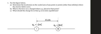 1. For the figure below,
a) Determine the location(s) on the scaled axis of any point or points (other than infinity) where
the electric field is zero.
b) What is the force on a charged object, q3, placed at that point?
c) What should the charge be so that q2 is in static equilibrium?
9₁ = -2nC
4 cm
92 = 8nC
+