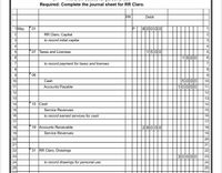 Required: Complete the journal sheet for RR Claro.
PR
Debit
1 May
01
81이이이0
2
RR Claro, Capital
to record initial capital
07 Taxes and Licenses
1500
5
1500
6.
6.
to record payment for taxes and licenses
8
9.
08
9
5000
10
Cash
10
10000
12
11
Accounts Payable
11
12
13
13
14
15 Cash
14
15
Service Revenues
15
16
to record earned services for cash
16
17
17
19 Accounts Receivable
28000
18
18
19
Service Revenues
19
20
20
21
21
22
31 RR Claro, Drawings
22
23
30000
23
24
to record drawings for personal use
24
25
25
