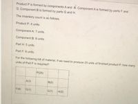 Product P is formed by components A and B. Component A is formed by parts F and
G. Component B is formed by parts G and H.
The inventory count is as follows.
Product P: 4 units.
Component A: 7 units.
Component B: 8 units.
Part H: 5 units.
Part F: 6 units.
For the following bill of material, if we need to produce 25 units of finished product P, how many
units of Part F is required?
P(25)
A(3)
B(2)
F(4)
G(1)
G(1)
H(2)
