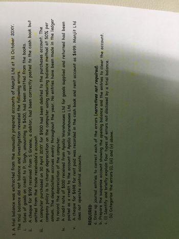 3. A trial balance was extracted from the manually prepared accounts of Manjit Ltd at 31 October 20XY.
The trial balance did not balance and investigation revealed the following errors.
i.
Sales of goods on credit to P. Singh, amounting to $400, had been omitted from the books.
ii.
A cheque for $190 received from S Greene, a debtor, had been correctly posted to the cash book but
omitted from the trade receivable's account.
A computer purchased on 30 April 20XY for $900 had been debited to the purchases account. The
company policy is to charge depreciation on the computer using reducing balance method at 50% per
annum. The depreciation accrues evenly throughout the year. No entries have been made in the ledger
to record the depreciation of the computer.
iv.
A credit note of $100 received from Apollo Warehouses Ltd for goods supplied and returned had been
posted as a credit to the account of Apollo Warehouses Ltd.
A cheque for $698 for rent paid was recorded in the cash book and rent account as $699. Manjit Ltd
does not operate control accounts.
V.
REQUIRED
a. Draw up journal entries to correct each of the errors (narratives not required).
b. Prepare the suspense account showing the opening balance and the entries to clear the account.
c. (i) Identify and briefly explain four types of errors not disclosed by a trial balance.
(ii) Categorise the errors (i), (iii) and (v) above.