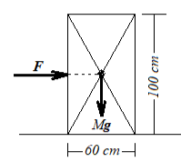 The diagram shows a rectangular block with a height of 100 cm and a width of 60 cm. The rectangle is oriented vertically.

- **Center Point:** There is a point at the center of the rectangle where two diagonals intersect. 

- **Forces:**
  - **F:** An arrow labeled "F" points horizontally from the left towards the center point of the rectangle.
  - **Mg:** An arrow labeled "Mg" points vertically downwards from the center point of the rectangle.

- **Dimensions:**
  - The horizontal width of the rectangle is labeled as 60 cm.
  - The vertical height is labeled as 100 cm. 

This image likely represents a physics problem involving forces acting on a rectangular object. The force "F" could represent an applied force, and "Mg" likely represents the gravitational force (weight) acting downward due to mass "M."