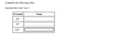 ### Completing the Ion Table

Complete the following table:

*(Include the word "ion.")*

| **Formula** | **Name**      |
|-------------|---------------|
| Cs⁺         |               |
| Cl⁻         |               |
| Cr³⁺        |               |

This table requires you to identify the names of ions given their chemical formulas. Remember to include the word "ion" in each name.