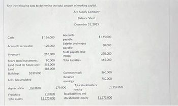 Use the following data to determine the total amount of working capital.
Ace Supply Company
Balance Sheet
December 31, 2025
Cash
Accounts receivable
Inventory
Short-term investments.
Land (held for future use)
Land
Buildings
Less: Accumulated
$339,000
depreciation (60.000)
Franchise
Total assets
$ 126,000
120,000
210,000
90,000
255,000
285,000
210,000
$1.575.000
Accounts
payable
Salaries and wages
payable
Note payable (due
2028)
Total liabilities i
Common stock
Retained
earnings
Total stockholders'
equity
Total liabilities and
stockholders' equity
279,000
$ 165,000
30,000
270.000
465,000
360,000
750.000
1.110.000
$1.575.000