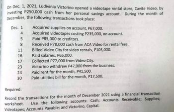 On Dec. 1, 2021, Ludivinia Victorino opened a videotape rental store, Cavite Video, by
investing P250,000 cash from her personal savings account. During the month of
December, the following transactions took place:
Dec. 1
4
58
11
16
17
23
24
30
Acquired supplies on account, P67,000.
Acquired videotapes costing P235,000, on account.
Paid P85,000 to creditors..
Received P78,000 cash from ACA Video for rental fees.
Billed Video City for video rentals, P105,000.
Paid salaries, P65,000.
Collected P77,000 from Video City.
Victorino withdrew P47,000 from the business.
Paid rent for the month, P41,500.
Paid utilities bill for the month, P17,500.
Required:
Record the transactions for the month of December 2021 using a financial transaction
worksheet. Use the following accounts: Cash; Accounts Receivable; Supplies;
Videotapes; Accounts Payable; and Victorino, Capital.