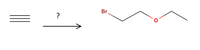 The image depicts a chemical reaction scheme.

**Left Part:**

- Three stacked lines (≡) represent a triple bond, suggesting the presence of an alkyne group, such as an acetylene (C≡C).
- There is a question mark ('?') beneath the alkyne, indicating uncertainty or the need to determine the conditions or reagents necessary for the reaction.

**Arrow:**

- A rightward-pointing arrow signifies the progression of the chemical reaction.

**Right Part:**

- The product is a molecular structure composed of:
  - A bromine atom (Br) attached to a three-carbon chain.
  - There is also an ether linkage, with an oxygen atom (O) connecting the third carbon atom to a two-carbon chain.
  
This image represents a reaction involving an alkyne and the formation of a bromo ether, which could involve transformations such as hydroboration-oxidation or the addition of a halogen.