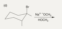 The image displays a chemical reaction involving an organic compound structure. The structure is a bicyclic compound with a bromine (Br) substituent. The reaction depicted involves sodium methoxide (Na⁺OCH₃⁻) in methanol (HOCH₃) as the reagent.

1. **Starting Material:**
   - The compound shown is a bicyclic structure with alkyl substituents and a bromine atom attached.

2. **Reaction Conditions:**
   - Reagent: Sodium methoxide (Na⁺OCH₃⁻)
   - Solvent: Methanol (HOCH₃)

3. **Reaction Process:**
   - The sodium methoxide acts as a base/nucleophile. This setup suggests the possibility of a nucleophilic substitution or an elimination reaction, typical for alkyl halides like the bromo compound in this structure.

Understanding such reactions is crucial in organic chemistry, particularly in the study of reaction mechanisms and the synthesis of complex organic molecules.