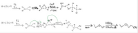 ### Transcription of Reaction Pathways

This diagram illustrates two reaction mechanisms starting from acetylene (H-C≡C-H).

#### Reaction 1:

1. **Hydrogenation Step:**
   - Reactant: Acetylene (H-C≡C-H)
   - Catalyst: Palladium (Pd)
   - Reagent: Hydrogen (H₂)
   - Product: Ethylene (H₂C=CH₂)

2. **Epoxidation and Acid-Catalyzed Opening:**
   - Reagent: m-CPBA (meta-Chloroperoxybenzoic acid)
   - Intermediate: Epoxide forming an oxirane
   - Additional Catalysts: Sulfuric acid (H₂SO₄) for ring-opening
   - Final Product: 1,2-Ethanediol (OH-CH₂-CH₂-OH)

#### Reaction 2:

1. **Hydrogenation Step:**
   - Reactant: Acetylene (H-C≡C-H)
   - Catalyst: Palladium (Pd)
   - Reagent: Hydrogen (H₂)
   - Product: Ethylene (H₂C=CH₂)

2. **Bromination and Formation of Halohydrin:**
   - Reagent: Br₂ (Bromine), H₂O (Water)
   - Intermediate: Bromonium ion with water opening to form a halohydrin
   - Stereochemistry: Attack of the nucleophile (OH⁻) forms the halohydrin 

3. **Elimination and Hydroboration-Oxidation:**
   - Heat is applied to convert to a cyclic ether
   - Reagents: BH₃ for Hydroboration, followed by H₂O₂ and NaOH (sodium hydroxide) for oxidation
   - Final Product: 1,2-Ethanediol (CH₃-CH₂-OH)

### Diagram Explanation

- **Flow**: Each pathway follows a series of chemical reactions, depicted with arrows indicating the direction of reactions.
- **Green Curved Arrows**: Indicate electron movement during the formation of intermediate structures in the bromination step.

This educational illustration provides a clear view of multiple reaction pathways beginning with the same starting material, highlighting changes in functional groups and molecular structure.