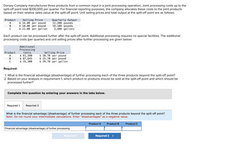Dorsey Company manufactures three products from a common input in a joint processing operation. Joint processing costs up to the
split-off point total $330,000 per quarter. For financial reporting purposes, the company allocates these costs to the joint products
based on their relative sales value at the split-off point. Unit selling prices and total output at the split-off point are as follows:
Product
A
B
с
Selling Price
$16.00 per pound
$ 10.00 per pound
$22.00 per gallon
Product
A
B
C
Each product can be processed further after the split-off point. Additional processing requires no special facilities. The additional
processing costs (per quarter) and unit selling prices after further processing are given below:
Additional
Processing
Costs
$ 61,390
$ 87,645
$ 35,300
Quarterly Output
12,200 pounds
19,100 pounds
3,400 gallons
Required 1
Required:
1. What is the financial advantage (disadvantage) of further processing each of the three products beyond the split-off point?
2. Based on your analysis in requirement 1, which product or products should be sold at the split-off point and which should be
processed further?
Selling Price
$20.70 per pound
$15.70 per pound
$29.70 per gallon
Complete this question by entering your answers in the tabs below.
Required 2
What is the financial advantage (disadvantage) of further processing each of the three products beyond the split-off point?
Note: Do not round your intermediate calculations. Enter "disadvantages" as a negative value.
Financial advantage (disadvantage) of further processing
< Required 1
Product A Product B
Required 2 >
Product C