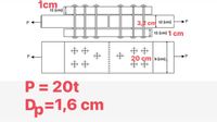 1cm
t1 (cm)
P
3,2 cm t2 (cm)
t1 (cm) 1 cm
20 cm Ь (ст)
P = 20t
%3D
Dp=1,6 cm
