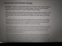 Ecosystems and Climate Change
Ecosystems on land currently absorb about 1/3 of humnan-made carbon emissions.
This helps to reduce the effects of climate change. However, recent research
suggests that land ecosystems could accelerate climate change.
Plant cells undergo photosynthesis but they also undergo cellular respiration. How
fast photosynthesis and cellular respiration happen is dependent on temperature.
Photosynthesis and cellular respiration don't speed up or slow down at the same
rate.
The balance between removing carbon dioxide from the atmosphere and adding
carbon dioxide to the atmosphere is important in the battle over climate change.
Research was recently done to investigate how the rates of photosynthesis and
cellular respiration might change as global temperatures change.
The researchers gathered information from carbon monitoring stations around the
world. These stations monitor local daily temperatures and how much carbon was
exchanged between the atmosphere and the Earth. Using this information the
researchers were able to map changing photosynthesis and respiration rates to
temperature, locally and globally.
Below is a graph showing Enzyme Activity vs Temperature for photosynthesis by
trees, rice, and wheat (green line), sugarcane and corn (yellow line) and for plant
cellular respiration. The optimal temperatures for photosynthesis and cellular
respiration are also recorded on the graph. The tipping point in ecosystems for the
balance between photosynthesis and cellular respiration occurs when there is more
cellular respiration occurring than photosynthesis.
