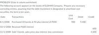 PROBLEM 1(Use 6-column worksheet)
The following account appears on the books of ELOHIM Company. Prepare any necessary
correcting entries, assuming that the debt investment is designated @ amortized cost
securities, the term is ten years.
Unit
Date
Transactions
Debit
Credit
Cost
8/1/2008 Purchased 10 bonds at 90 plus interest of P400
900
9,400
10/1/2008 Received P600 interest
600
11/1/2008 Sold 5 bonds, sales price plus interest, less commission
4,400
