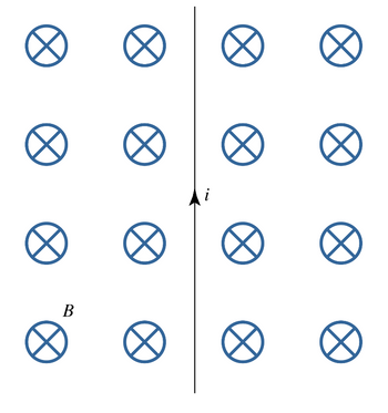 The image illustrates a diagram demonstrating the interaction between a magnetic field and an electric current. 

- **Magnetic Field (B)**: Represented by multiple circles with an "X" in the center. The "X" signifies that the magnetic field lines are directed into the page or screen.

- **Electric Current (i)**: Depicted by a vertical arrow pointing upwards. This indicates the direction of the current flowing through a wire placed in the magnetic field.

- **Overall Arrangement**: The magnetic field (B) is uniform and perpendicular to the direction of the electric current (i). This setup is often used to visualize the right-hand rule in physics, which helps determine the direction of the force acting on the conductor due to the magnetic field.

This diagram helps explain fundamental concepts in electromagnetism, such as the interaction of magnetic fields and electric currents.