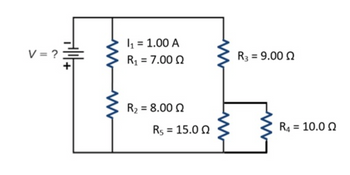 V = ?
堋
I₁ = 1.00 A
R₁ = 7.00
R3 = 9.00 Q
R₂ = 8.00 Q
R5 = 15.00
R₁ = 10.00