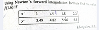 Using Newton's forward interpolation formula find the value
f(1.6) if
14t
1.4
1.8
2.2
3.49
4.82
5.96
6.5
(Bangalore, B.E.,
