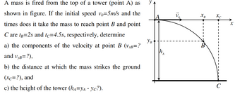 A mass is fired from the top of a tower (point A) as
shown in figure. If the initial speed vo=5m/s and the
times does it take the mass to reach point B and point
C are tẢ=2s and tc=4.5s, respectively, determine
a) the components of the velocity at point B (VxB=?
and VyB=?),
b) the distance at which the mass strikes the ground
(xc=?), and
c) the height of the tower (hA=YA - Yc?).
y
Ув
A
XB
Xc
I
с
X