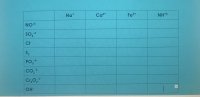 Ca2*
*4
Na*
Fe
NH
NO3
so,4
Cl
S2
PO,4
-3
CO,
Cr,0,7
OH
