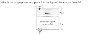 =
What is the gauge pressure at point P in the figure? Assume g
플
Water
Immiscible liquid
of sp. gr. 1.6
P
0.8 m
1 m
10 m/s²