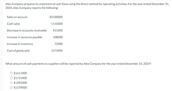 Alex Company prepares its statement of cash flows using the direct method for operating activities. For the year ended December 31,
2024, Alex Company reports the following:
Sales on account
Cash sales
Decrease in accounts receivable
Increase in accounts payable
Increase in inventory
Cost of goods sold
$2100000
O $1611000
$1755000
O $1395000
O $1539000
1110000
915000
108000
72000
1575000
What amount of cash payments to suppliers will be reported by Alex Company for the year ended December 31, 2024?