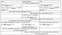 Alice
Carol (Intruder)
p=17 and a= 4 are known to all
Bob
Choose kpri,A =a = 7
Choose kpri,B =b = 5
Alice's public key: kpub,A =A= aª
Bob's public key: kpub,B=B=ab
mod p = ??
mod p = ??
Alice sends A to Bob; intercepted by Carol
Bob sends B to Alice; intercepted by Carol
Carol chooses c=4; computes
A =B =a° mod p = ??
Carol sends A to Bob as if it is A from Alice
Carol sends B' to Alice as if it is from Bob
Alice derives the shared secret key as
Carol derives
Bob derives the shared secret key as
Kl= (B')ª mod p = ??
Kl= A° mod p = ??,
K2= (A')b mod p = ??
and K2= BC mod p = ??
Session 1 established with key K1: verify that Alice and Carol have
derived the same key K1
Session 2 established with key K2; verify that Carol and Bob have
derived the same key K2
