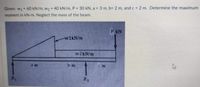 Given: w 60 kN/m, w2 = 40 kN/m, P 30 kN, a 3 m, b= 2 m, and c 2 m. Determine the maximum
moment in kN-m. Neglect the mass of the beam.
%23
P kN
w1kN/m
w2kN/m
bm
cm
am
R1
R2
