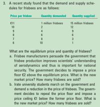 3. A recent study found that the demand and supply sche-
dules for frisbees are as follows:
Price per frisbee
Quantity demanded
Quantity supplied
€11
1 million frisbees
15 million frisbees
10
2
12
9
4
9
8
6
6
7
8
3
6
10
1
What are the equilibrium price and quantity of frisbees?
a. Frisbee manufacturers persuade the government that
frisbee production improves scientists' understanding
of aerodynamics and thus is important for national
security. The government decides to impose a price
floor €2 above the equilibrium price. What is the new
market price? How many frisbees are sold?
b. Irate university students march on the government and
demand a reduction in the price of frisbees. The govern-
ment decides to repeal the price floor and impose a
price ceiling €1 below the former price floor. What is
the new market price? How many frisbees are sold?
