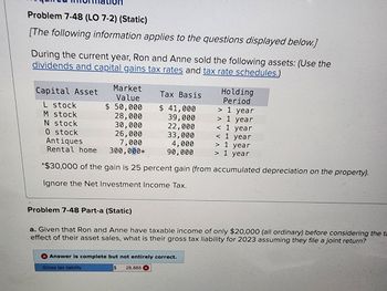 Problem 7-48 (LO 7-2) (Static)
[The following information applies to the questions displayed below.]
During the current year, Ron and Anne sold the following assets: (Use the
dividends and capital gains tax rates and tax rate schedules.)
Capital Asset
Market
Value
Tax Basis
L stock
$ 41,000
M stock
$ 50,000
28,000
30,000
> 1 year
> 1 year
39,000
N stock
22,000
< 1 year
26,000
33,000
0 stock
Antiques
< 1 year
> 1 year
7,000
4,000
Rental home
300,000*
90,000
> 1 year
*$30,000 of the gain is 25 percent gain (from accumulated depreciation on the property).
Ignore the Net Investment Income Tax.
Problem 7-48 Part-a (Static)
a. Given that Ron and Anne have taxable income of only $20,000 (all ordinary) before considering the ta
effect of their asset sales, what is their gross tax liability for 2023 assuming they file a joint return?
Answer is complete but not entirely correct.
Gross tax liability
$
Holding
Period
28,885