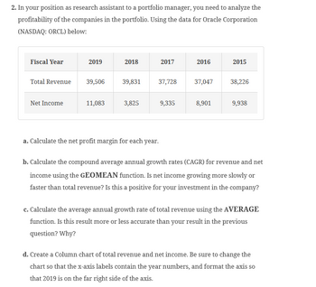 2. In your position as research assistant to a portfolio manager, you need to analyze the
profitability of the companies in the portfolio. Using the data for Oracle Corporation
(NASDAQ: ORCL) below:
Fiscal Year
Total Revenue
Net Income
2019
39,506
11,083
2018
39,831
3,825
2017
37,728
9,335
2016
37,047
8,901
2015
38,226
9,938
a. Calculate the net profit margin for each year.
b. Calculate the compound average annual growth rates (CAGR) for revenue and net
income using the GEOMEAN function. Is net income growing more slowly or
faster than total revenue? Is this a positive for your investment in the company?
c. Calculate the average annual growth rate of total revenue using the AVERAGE
function. Is this result more or less accurate than your result in the previous
question? Why?
d. Create a Column chart of total revenue and net income. Be sure to change the
chart so that the x-axis labels contain the year numbers, and format the axis so
that 2019 is on the far right side of the axis.