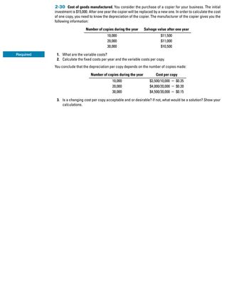 Required
2-30 Cost of goods manufactured. You consider the purchase of a copier for your business. The initial
investment is $15,000. After one year the copier will be replaced by a new one. In order to calculate the cost
of one copy, you need to know the depreciation of the copier. The manufacturer of the copier gives you the
following information:
Number of copies during the year Salvage value after one year
10,000
20,000
30,000
$11,500
$11,000
$10,500
1. What are the variable costs?
2. Calculate the fixed costs per year and the variable costs per copy.
You conclude that the depreciation per copy depends on the number of copies made:
Number of copies during the year
10,000
20,000
30,000
Cost per copy
$3,500/10,000 - $0.35
$4,000/20,000 = $0.20
$4,500/30,000 = $0.15
3. Is a changing cost per copy acceptable and or desirable? If not, what would be a solution? Show your
calculations.