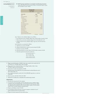 116 chapter 17
Learning Objectives 2, 3, 4, 5
4. COGM $46,750
5. NI $19,150
P17-38B Preparing comprehensive accounting for manufacturing transactions
Teacher Stars produces stars for elementary teachers to reward their students. Teacher
Stars' trial balance on June 1 follows:
Account Title
Cash
Accounts Receivable
Inventories:
Raw Materials
Work-in-Process
Finished Goods
Plant Assets
TEACHER STARS
Trial Balance
June 1, 2016
Accumulated Depreciation
Accounts Payable
Wages Payable
Common Stock
Retained Earnings
Sales Revenue
Cost of Goods Sold
Manufacturing Overhead
Selling and Administrative Expenses
Balance
June transactions are summarized as follows:
a. Collections on account, $153,000.
Debit
$ 14,000
150,000
5,600
42.500
20,700
240,000
Job 120: Paper, $ 800
Job 121: Paper, $7,900
Indirect materials, $1,600
June 1 balances in the subsidiary ledgers were as follows:
• Raw Materials Inventory subsidiary ledger: Paper, $4,300; indirect materials, $1,300
• Work-in-Process Inventory subsidiary ledger: Job 120, $42,500; Job 12, $0
• Finished Goods Inventory subsidiary ledger: Large Stars, $9,700; Small Stars,
$11,000
Credit
$ 76,000
130,000
1.800
b. Selling and administrative expenses incurred and paid, $32,000.
c. Payments on account, $42,000.
d. Materials purchased on account: Paper, $24,500; indirect materials, $4,300.
e. Materials requisitioned and used in production:
f. Wages incurred during June, $38,000. Labor time records for the month: Job 120,
$3,700; Job 121, $18,300; indirect labor, $16,000.
g. Wages paid in June include the balance in the Wages Payable at May 31 plus
$34.900 of wages incurred during June.
135,000
130,000
Requirements
1. Journalize the transactions for the company.
2. T-accounts for the general ledger, the Raw Materials Inventory subsidiary ledger,
the Work-in-Process subsidiary ledger, and the Finished Goods Inventory subsid-
iary ledger have been opened for your account's balance as given. Post the journal
entries to the T-accounts using the transaction letter.
3. Prepare a trial balance at June 30, 2016.
h. Depreciation on plant and equipment, $2,800.
i. Manufacturing overhead allocated at the predetermined overhead allocation rate of
90% of direct labor cost.
4. Use the Work-in-Process Inventory T-account to prepare a schedule of cost of
goods manufactured for the month of June.
5. Prepare an income statement for the month of June.
j. Jobs completed during the month: Job 120 with 800,000 Large Stars at a total cost
of $50,330.
k. Sales on account: all of Job 120 for $111,000.
1. Adjusted for overallocated or underallocated manufacturing overhead.