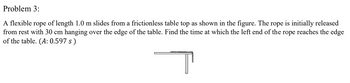 Problem 3:
A flexible rope of length 1.0 m slides from a frictionless table top as shown in the figure. The rope is initially released
from rest with 30 cm hanging over the edge of the table. Find the time at which the left end of the rope reaches the edge
of the table. (A: 0.597 s )
STMEN