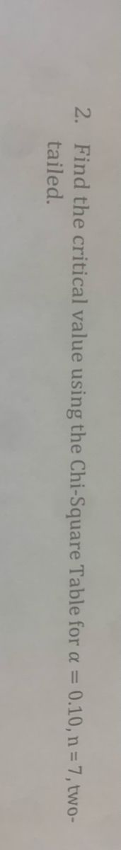 2. Find the critical value using the Chi-Square Table for a = 0.10, n = 7, two-
tailed.
