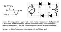 60 V
D1
D2
2 kohm
D4
D3
-60 V
Assume that an input signal is applied to the circuit given above, as shown in the figure next to
it. Accordingly, answer the following questions. The diodes used are silicon diodes, their
operating voltages are 0.7 volts, and can be omitted because their resistance is very small.
What are the diodes/diodes active in the negative half-loop? Please type.
