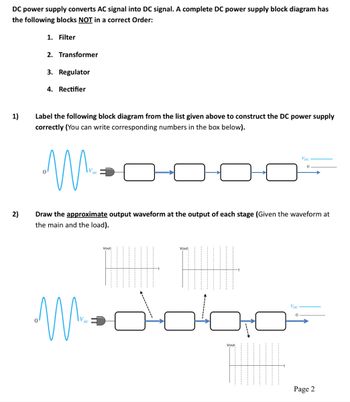 DC power supply converts AC signal into DC signal. A complete DC power supply block diagram has
the following blocks NOT in a correct Order:
1)
2)
1. Filter
2. Transformer
3. Regulator
4. Rectifier
Label the following block diagram from the list given above to construct the DC power supply
correctly (You can write corresponding numbers in the box below).
M
Draw the approximate output waveform at the output of each stage (Given the waveform at
the main and the load).
M
Vout
Vout
H
Vout
VDC
Vpc
Page 2