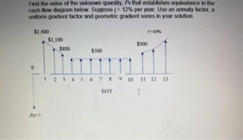 Find the value of the unknown quantity, Po that establishes equivalence in the
cash-flow diagram below. Suppose į= 12% per year. Use an annuity factor, a
uniform gradient factor and geometric gradient series in your solution.
$1,400
Pe=?
$1,100
$800
$500
f-10%
BOY
$900
[11]
1 2 3 4 5 6 7 8 9 10 11 12 13
I