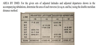 AREA BY DMD. For the given sets of adjusted latitudes and adjusted departures shown in the
accompanying tabulations, determine the area of each traverse (in sq.m. and ha.) using the double meridian
distance method.
ADJUSTED LATITUDE ADJUSTED DEPARTURE
LINE
+E
AB
715.20
1200.53
BC
CD
DE
414.29
401.78
1735.58
419.88
200.70
1606.43
EF
617.59
456.66
FG
849.91
202.83
GA
233.53
677.83
Sums +2383.40
-2383.40 +2482.97 -2482.97
