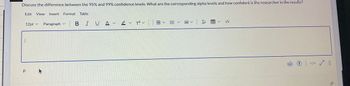 **Transcription:**

**Discuss the difference between the 95% and 99% confidence levels. What are the corresponding alpha levels and how confident is the researcher in the results?**

---

*This image displays a question on a word processing document screen. No graphs or diagrams are present.*