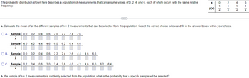 The probability distribution shown here describes a population of measurements that can assume values of 0, 2, 4, and 6, each of which occurs with the same relative
frequency.
O A. Sample 0,0 0,2 0,4 0,6 2,0 2,2 2,4 2,6
X
Sample 4,0 4,2 4,4 4,6 6,0 6,2 6,4 6,6
X
OB.
B. Sample 0,0 0,2 0,4 0,6 2.2 2,4 2,6 4.4 4,6 6,6
X
a. Calculate the mean of all the different samples of n = 2 measurements that can be selected from this population. Select the correct choice below and fill in the answer boxes within your choice.
O C. Sample 0,2 0,4 0,6 2,0 2,4
X
2,6 4,0 4,2
4,6 6,0 6,2
6,2 6,4
X
b. If a sample of n = 2 measurements is randomly selected from the population, what is the probability that a specific sample will be selected?
p(x)
0
1
4
2
1
4
4
1
4
6
+|+
1
4